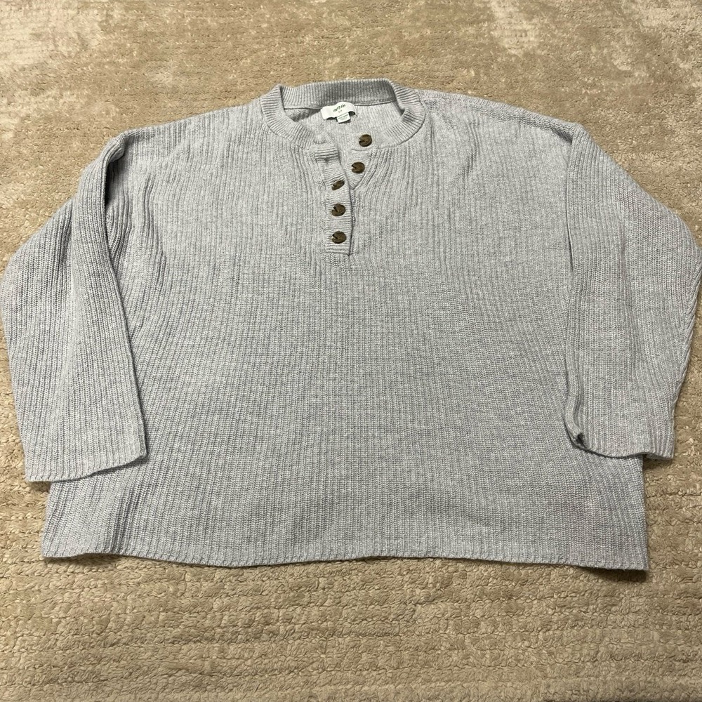 Aerie Sweater Womens Small Gray Cotton Ribbed Henley Neck Chunky Knit